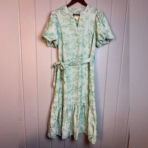 UMGEE Green Stripe Floral Embroidered‎ Tiered Ruffle Midi Dress Puff Sleeve S
